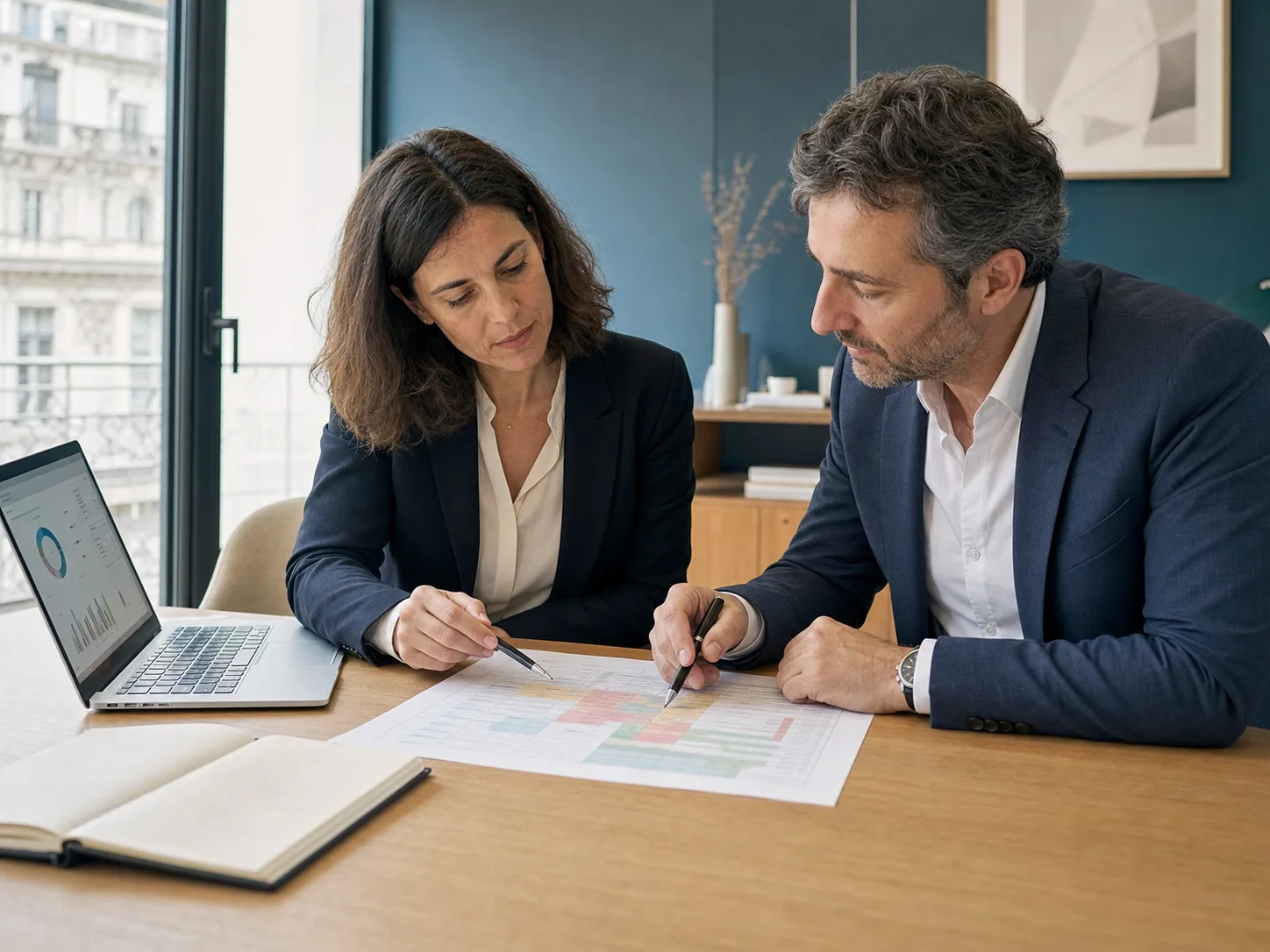 Illustration de deux professionnels LCB-FT examinant une matrice risques-contrôles